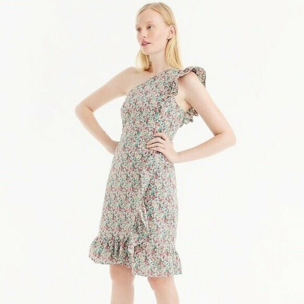 J. Crew x Liberty Georgina One Shoulder Tea Length Ruffled Dress Women's Sz 14